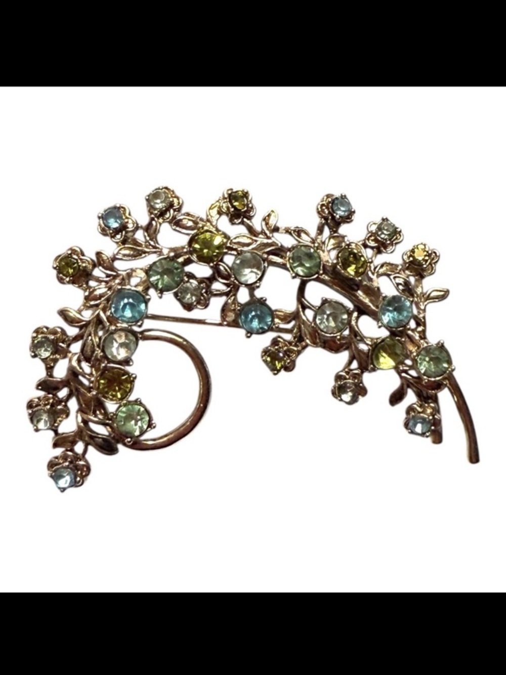 Vtg Monet gold tone brooch w/blue & green rhinestones Women’s costume jewelry |D